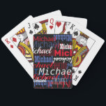 Personalized Custom Name  Playing Cards<br><div class="desc">Cool and modern red and blue pattern design...  repeating his name in different font styles,  printed all over the black surface.</div>