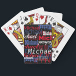 Personalized Custom Name  Playing Cards<br><div class="desc">Cool and modern red and blue pattern design...  repeating his name in different font styles,  printed all over the black surface.</div>