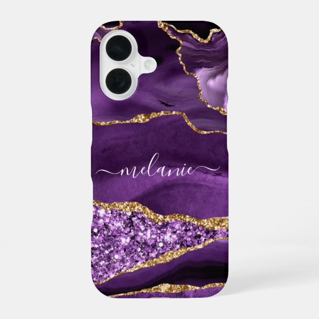 Personalized Custom Name Purple Gold Glitter iPhone 16 Case (Back)