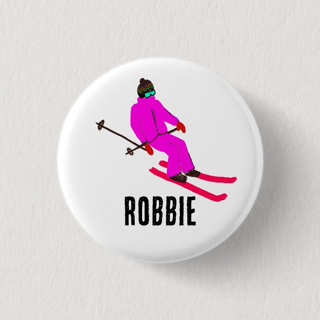  Personalized Custom Name Retro Pink Skier Girl 1 Inch Round Button (Front)