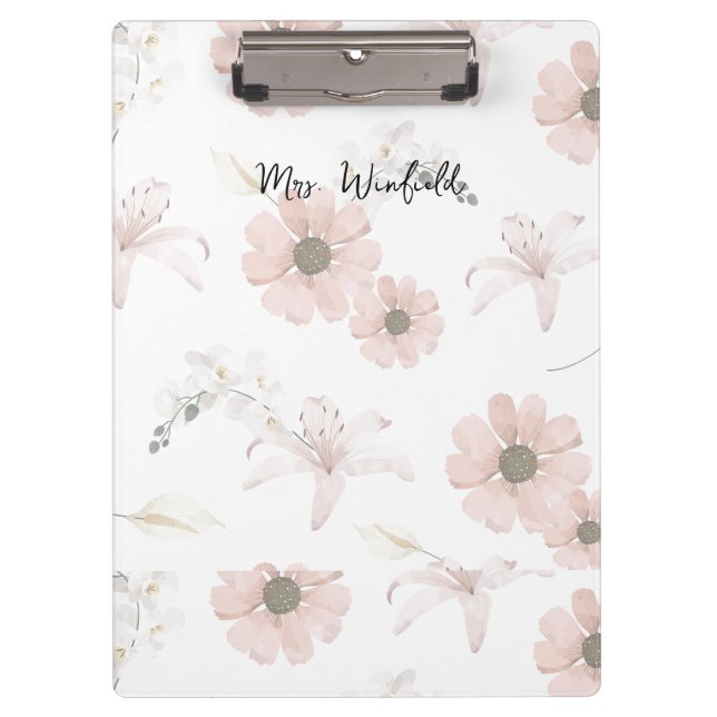 Personalized Custom Name Teacher Pink flowers Clipboard (Front)