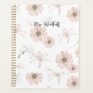 Personalized Custom Name Teacher Pink flowers Planner