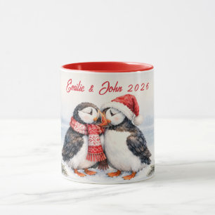 Personalized Custom Names Year Kissing Puffins Mug