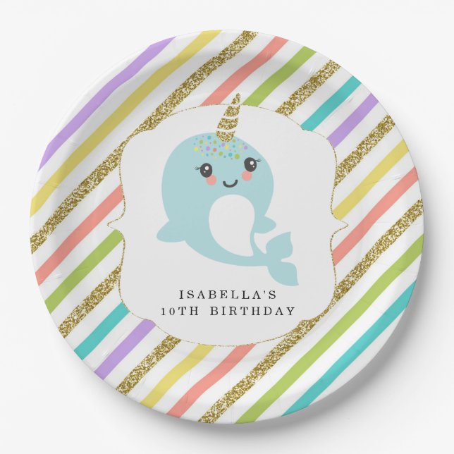 Personalized Custom Narwhal Rainbow Glitter Paper Plate (Front)