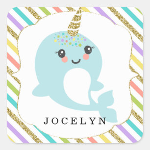 Personalized Custom Narwhal Rainbow Glitter Square Sticker