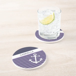 Personalized Custom Nautical Violet Purple Stripe Coaster