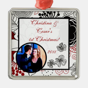 Personalized Custom Ornament Black Flowers Red lea
