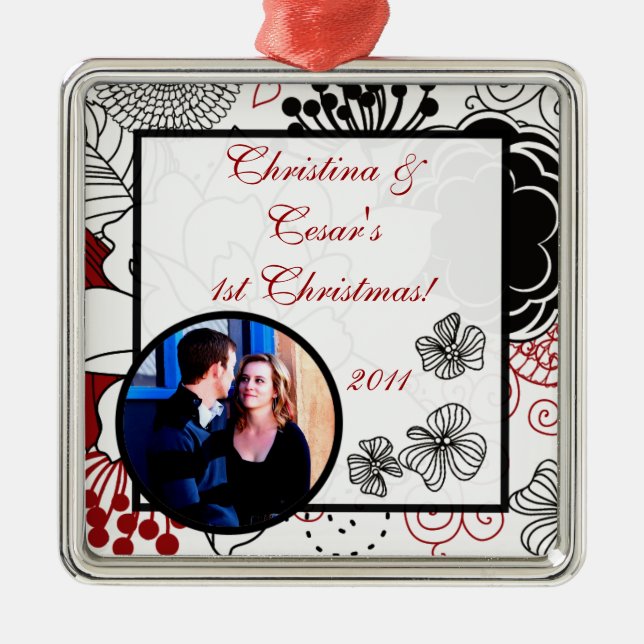Personalized Custom Ornament Black Flowers Red lea (Front)