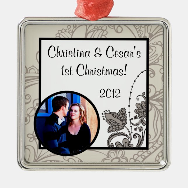 Personalized Custom Ornament Grey Flourish Swirls (Front)