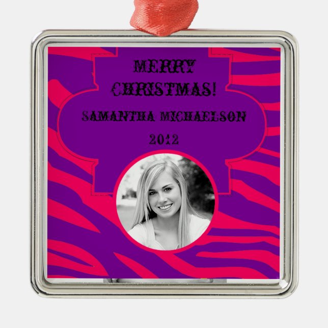 Personalized Custom Ornament Hot Pink Purple Zebra (Front)