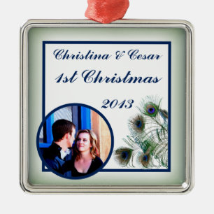 Personalized Custom Ornament Peacock Feathers Blue