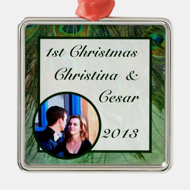 Personalized Custom Ornament Peacock Green Feather (Front)