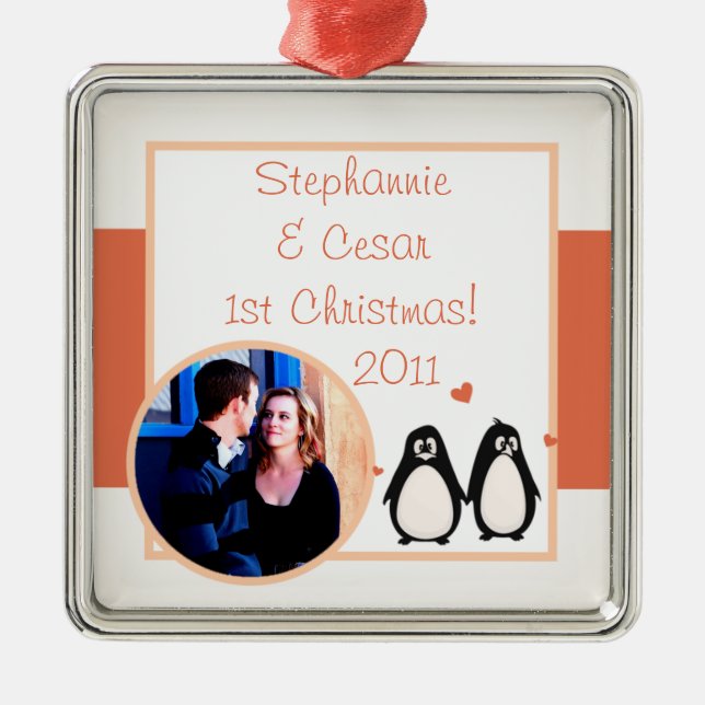 Personalized Custom Ornament Penguin Love/Hearts (Front)