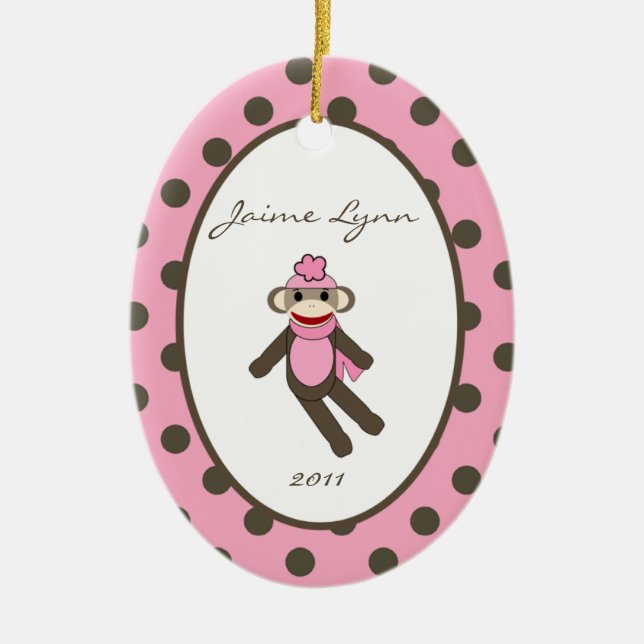 Personalized Custom Ornament Pink Sock Monkey (Front)