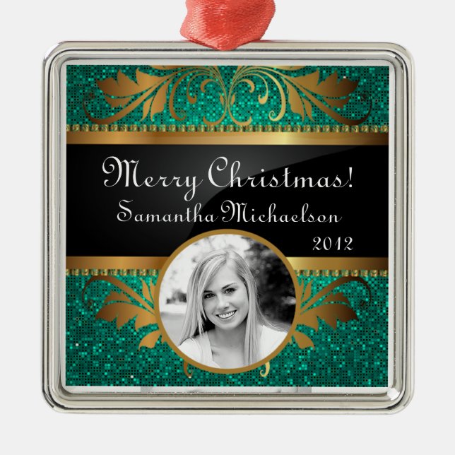 Personalized Custom Ornament Teal Glitter Sequin (Front)