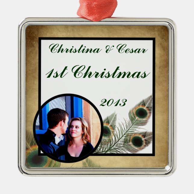 Personalized Custom Ornament Vintage Peacock Green (Front)