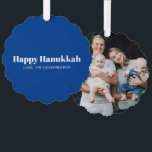 Personalized custom photo and text blue Hanukkah Ornament Card<br><div class="desc">Happy Hanukkah blue and white modern typography simple minimalist personalized Hanukkah ornament card.
Fully customizable white text on blue background on one side,  custom photo image or picture on the other side.





Photo credit from freepik</div>
