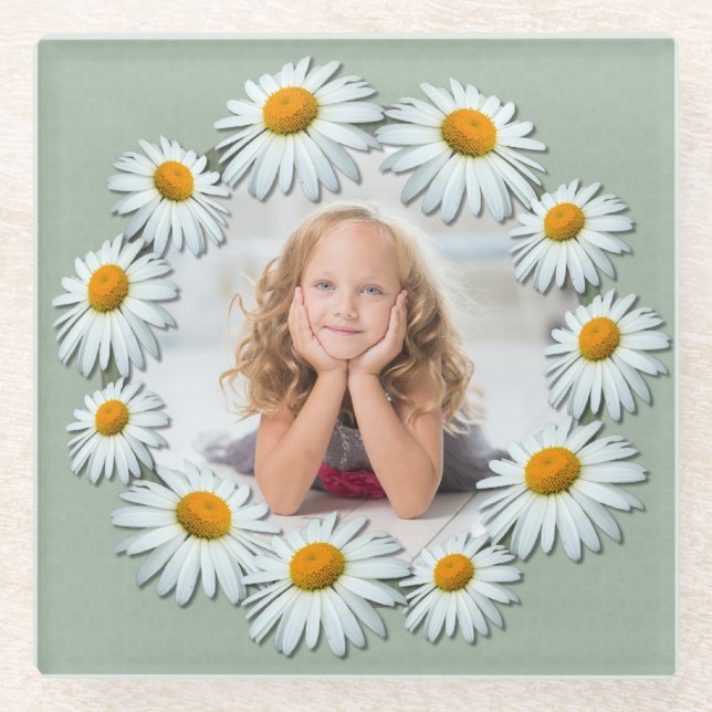 Personalized Custom photo, Daisy Frame Glass Coaster (Front)
