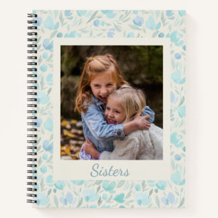 Personalized Custom Photo Sisters Blue Floral Notebook