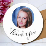 Personalized Custom Photo Thank You Classic Round Sticker<br><div class="desc">Upload a photo, and easily create your personalized thank you sticker. Click CUSTOMIZE FURTHER to change the background color or text color. You can TRANSFER this DESIGN on other Zazzle products and adjust it to fit most of the Zazzle items. Standard Studio designs are made in high-resolution vector graphics for...</div>