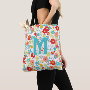 Personalized Custom Pink Aqua Blue Flower Pattern Tote Bag