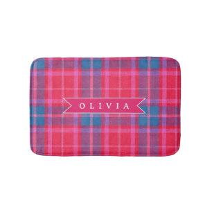 Personalized Custom Pink Fuchsia Plaid Preppy  Bath Mat