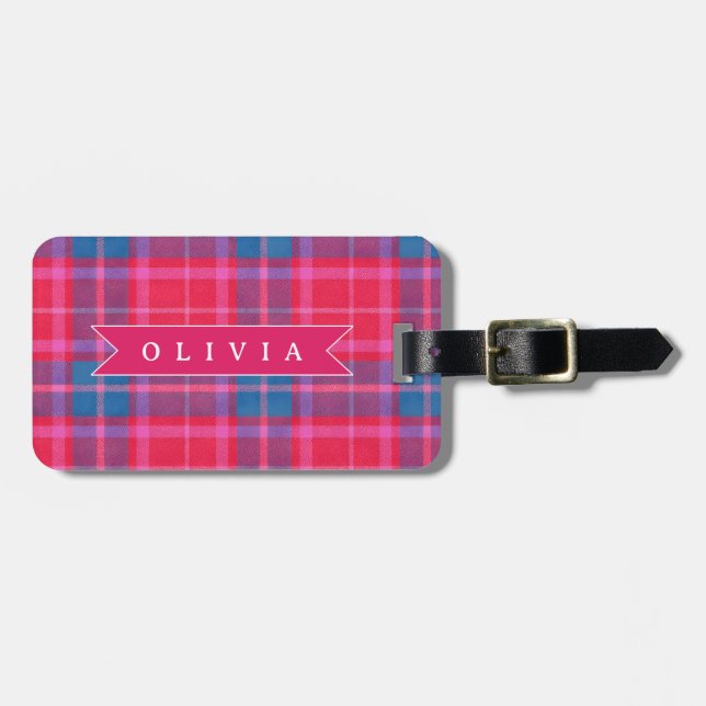 Personalized Custom Pink Fuchsia Plaid Preppy  Luggage Tag (Front Horizontal)