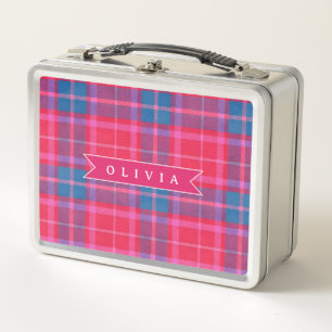 Personalized Custom Pink Fuchsia Plaid Preppy Metal Lunch Box