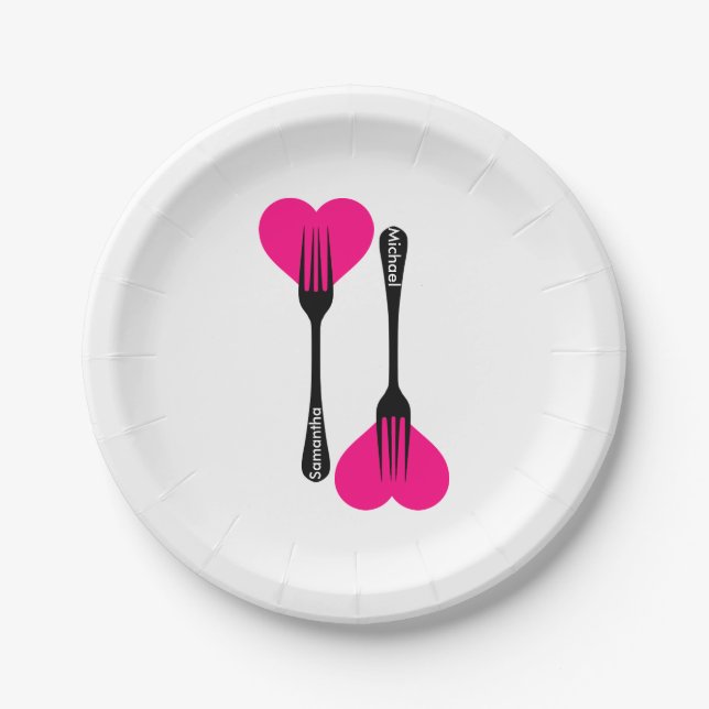Personalized Custom Pink Heart with Fork Spoon Din Paper Plate (Front)