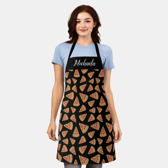 Personalized Custom Pizza Slice Pattern Black Apron (Worn)