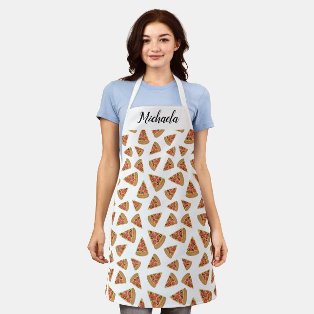 Personalized Custom Pizza Slice Pattern White Apron (Worn)