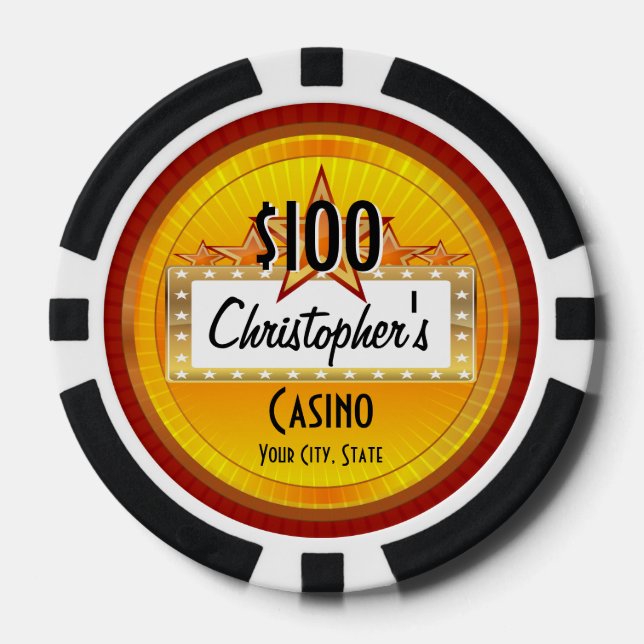 Personalized Custom Poker Chips, Gold/Red Casino Chips (Front)