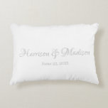 Personalized Custom Script Couple Name Wedding Accent Pillow<br><div class="desc">Personalized Script Custom Couple Name and Date Wedding Accent Pillow.
Elegant,  classic,  minimalist design.
Faux silver grey and white</div>