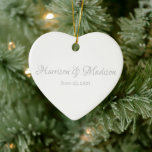 Personalized Custom Script Couple Name Wedding Ceramic Ornament<br><div class="desc">Personalized Custom Couple Name and Date Wedding Heart Ceramic Ornament.
Elegant,  classic,  minimalist design.
Faux silver grey text and white background.</div>