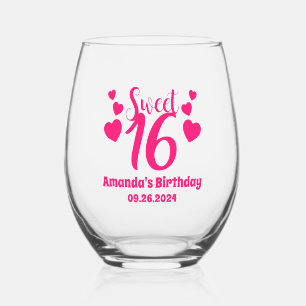Personalized Custom Sweet 16 Birthday Party Favour Stemless Wine Glass