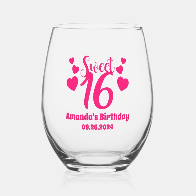 Personalized Custom Sweet 16 Birthday Party Favour Stemless Wine Glass (Front)