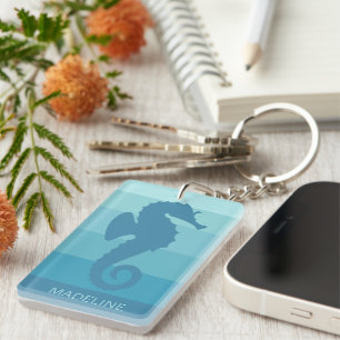 Personalized Custom Teal Blue Seahorse Keychain
