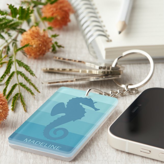 Personalized Custom Teal Blue Seahorse Keychain (Front Right)