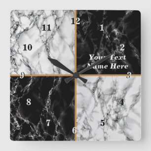 Personalized Custom Text Clock Black White Marble 