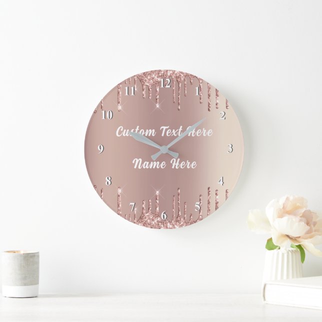 Personalized Custom Text Clock Rose Gold Glitter (Home)
