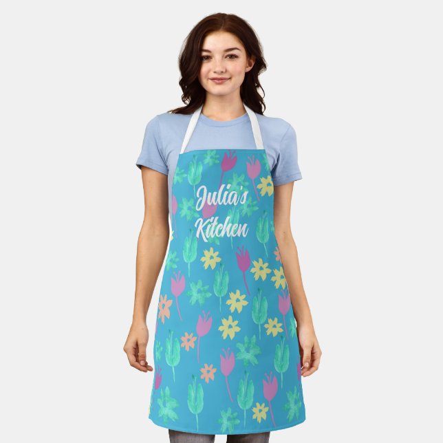 Personalized Custom Tulip Apron Blue Pink Yellow (Worn)