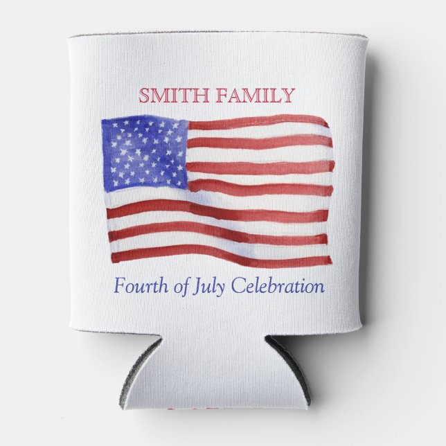 Personalized Custom Watercolor American Flag Can Cooler (Front)