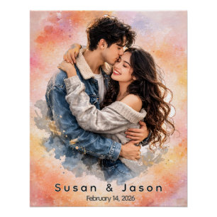 Personalized Custom Watercolor Couple Photo Gift Poster