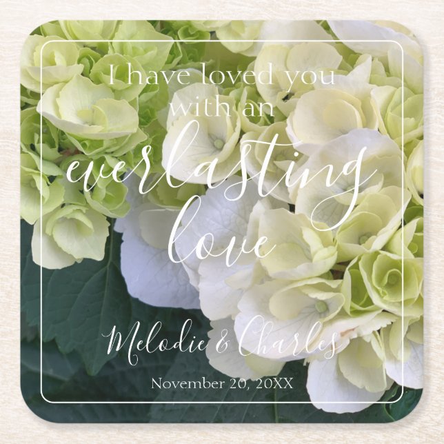 Personalized Custom White Hydrangea Elegant Love  Square Paper Coaster (Front)