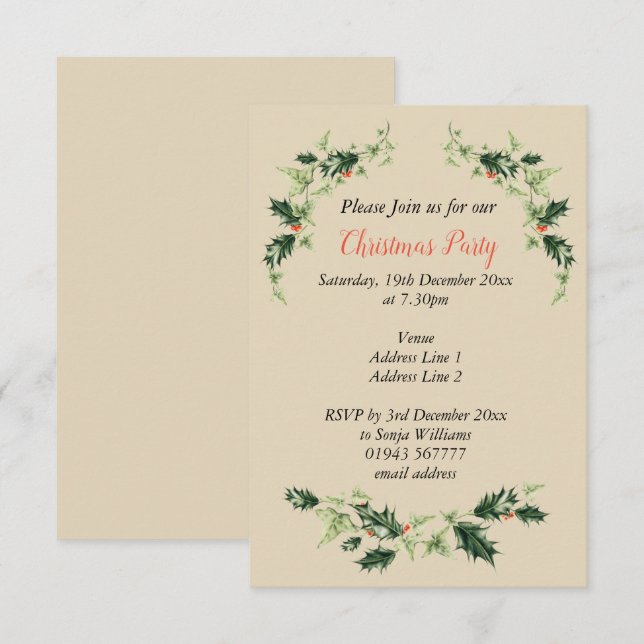 Personalized, Customizable Holly and Ivy Christmas Invitation (Front/Back)