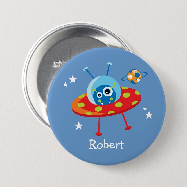 Personalized Cute Alien Spaceship 3 Inch Round Button (Front & Back)