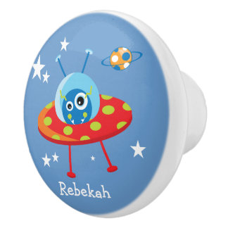 Personalized Cute Alien Spaceship Ceramic Knob