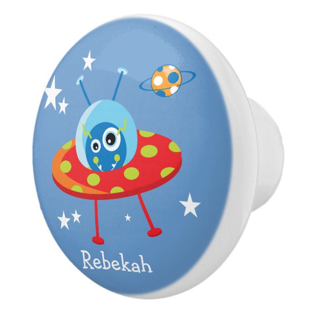Personalized Cute Alien Spaceship Ceramic Knob (Right)