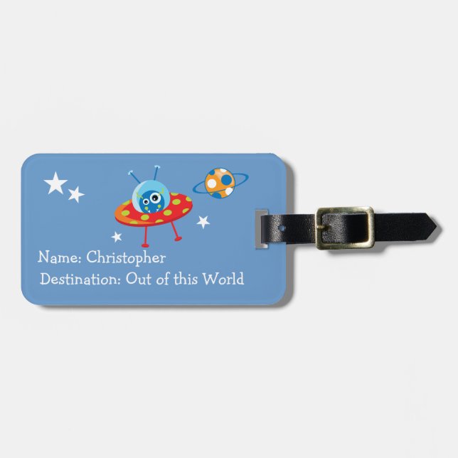 Personalized Cute Alien Spaceship Luggage Tag (Front Horizontal)