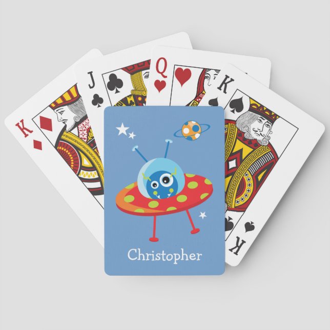 Personalized Cute Alien Spaceship Playing Cards (Back)